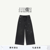 子 通勤长裤 MM6泼墨效果黑色休闲宽松直筒弯刀裤 牛仔裤