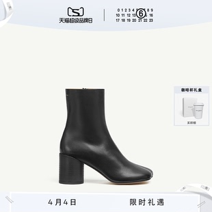 MM6黑色女士粗高跟羊皮革及踝靴中筒靴7cm通勤女鞋 皮鞋 12期免息
