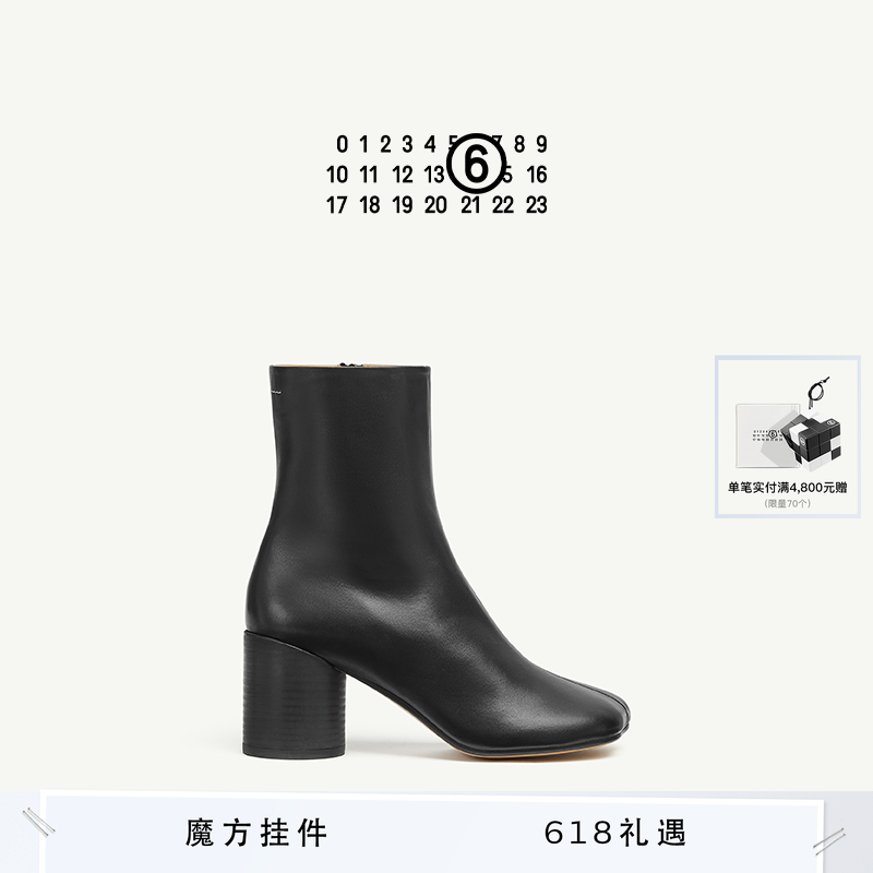 [12期免息]MM6黑色女士粗高跟羊皮革及踝靴中筒靴7cm通勤女鞋皮鞋