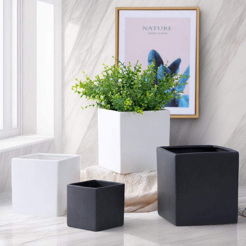 ins风花盆陶瓷简约黑白色正四方形状北欧风格水培容器无孔蝴蝶兰