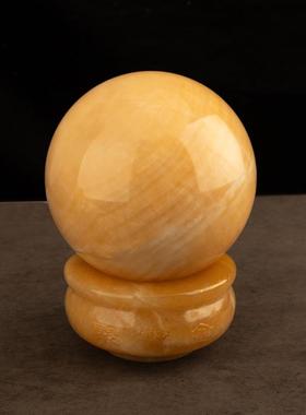 天然黄玉水晶球摆件原矿打磨改善厨房西北角聚宝盆底座财位风水球