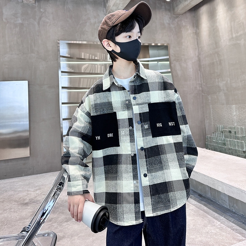 男童外套春秋款2025新款春季中大童儿童网红格子长袖上衣衬衫外套