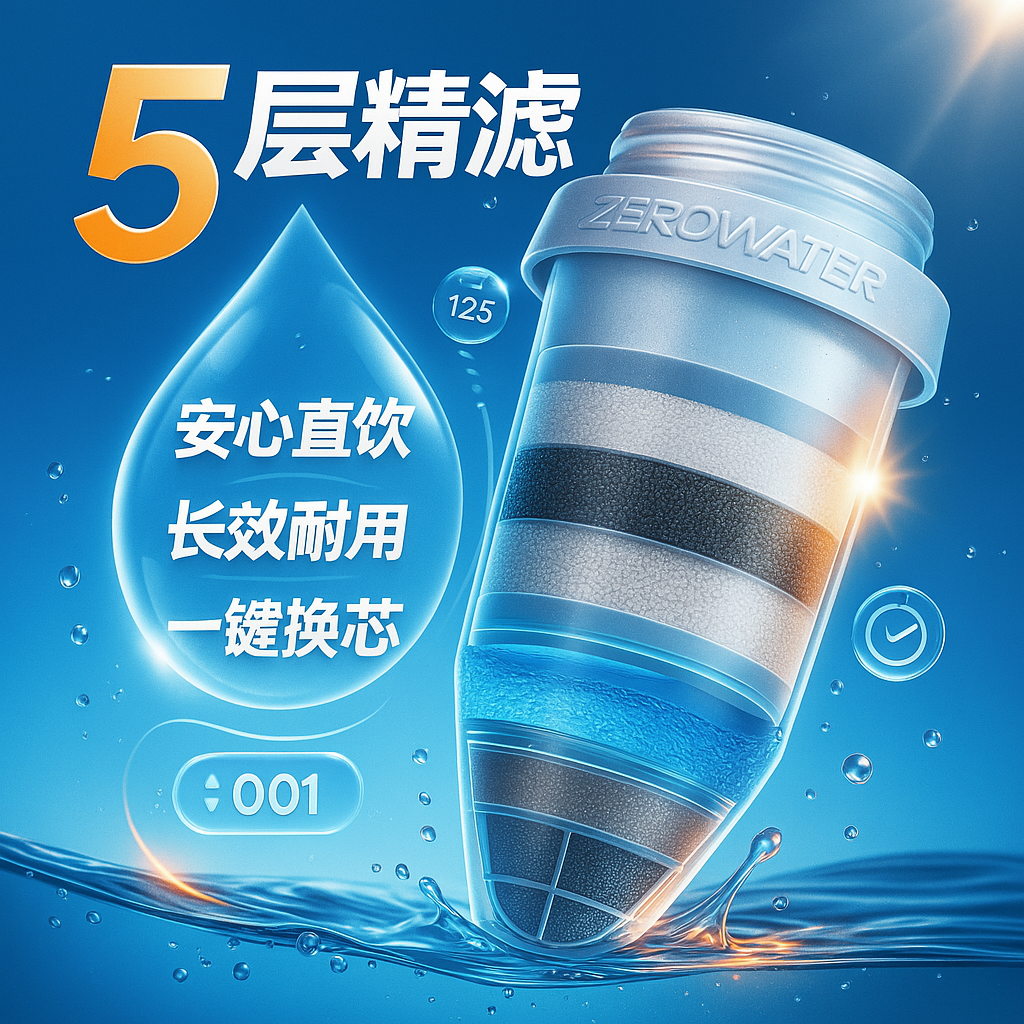 美国进口Zerowater净水壶滤芯自来水过滤器滤水杯除氯家用滤水壶