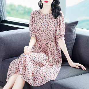 反季特真丝连衣裙女中长款过膝桑蚕丝碎花裙子短袖欧美仙女裙