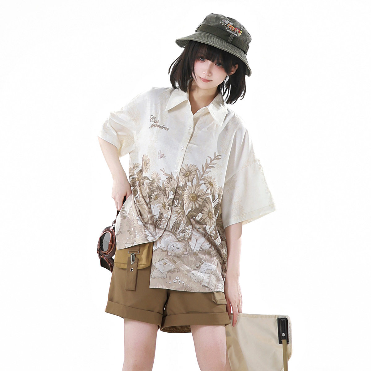 原创花园猫猫汉服女国风汉元素新中式衬衣吊带短裤套装甜美可爱夏