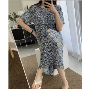 韩版连衣裙圆领舒适睡裙女士休闲清新压褶短袖碎花显瘦日常长裙子