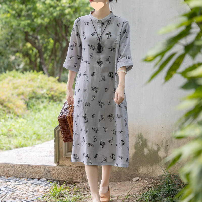 原单连衣裙折扣复古文艺亚麻印花显瘦棉麻翻领中长衬衫洋裙仙女裙