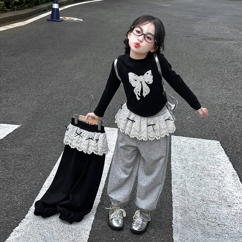 66公主女童裤子2025新款春装小女孩花边蝴蝶结屁帘裤韩版休闲卫裤