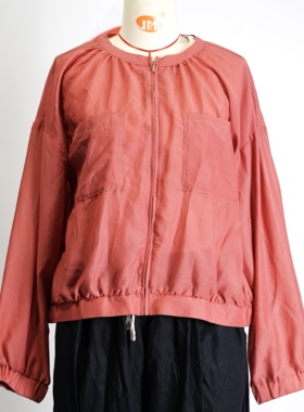 JCC STUDIO日系麻聚酯宽松休闲圆领拉链长袖衬衫外套女