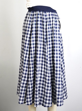 JCC STUDIO日系带里衬蓝白格纹A字松紧腰系带大摆A字半身中长裙