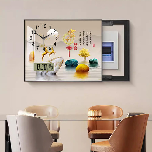 万年历电表箱装饰画带钟表免打孔配电箱遮挡电闸盒电子钟客厅挂画