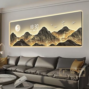 饰画高级感led电子钟轻奢沙发背景墙壁画山水挂画 背有靠山客厅装