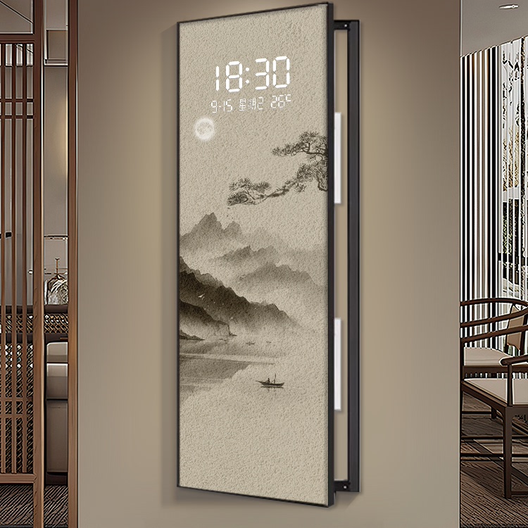 水墨山水电表箱装饰画电子钟新中式大尺寸配电箱网路盒遮挡挂画竖