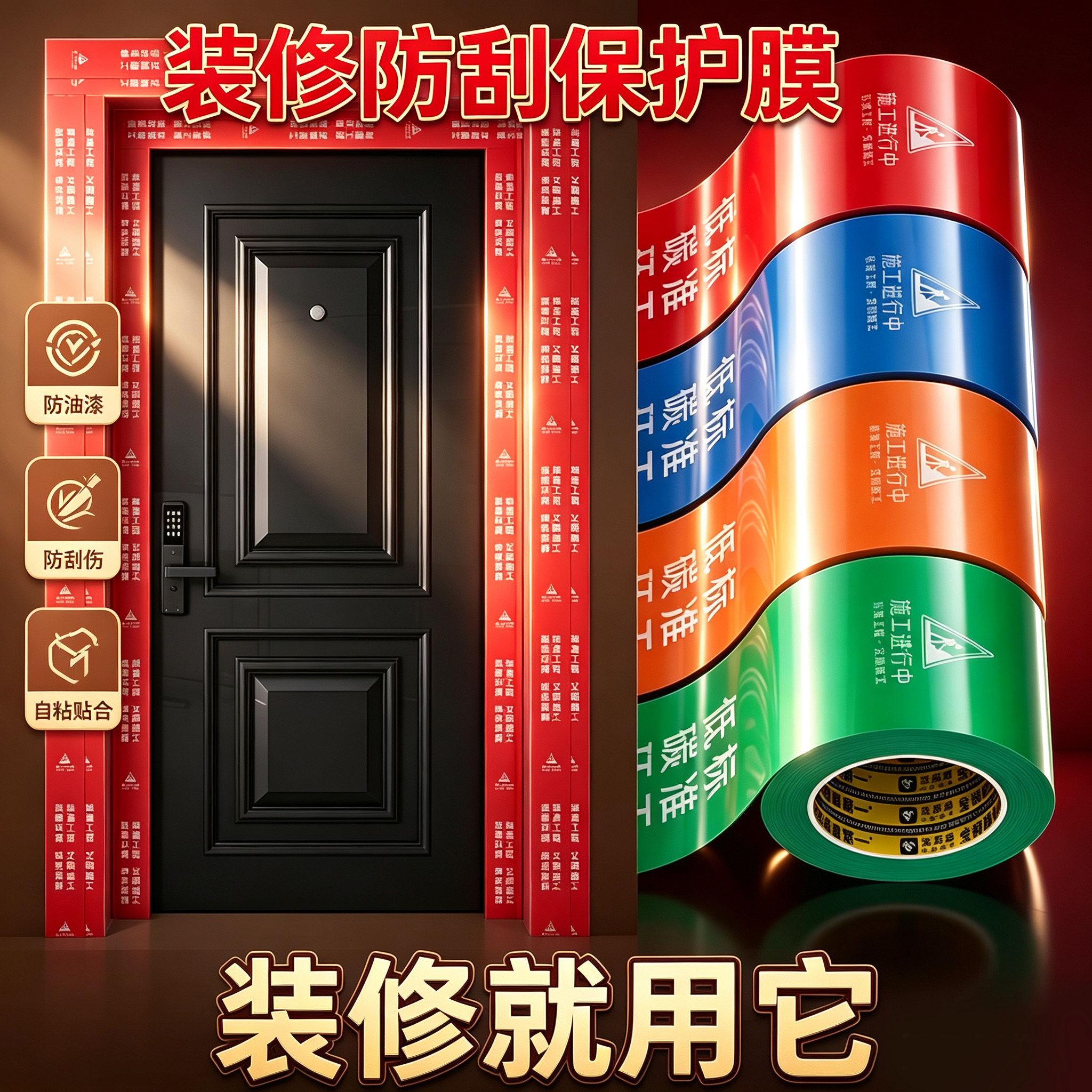 装修入户门保护膜保护贴门窗pe自粘膜装修防盗门铝合金门窗防尘胶带防刮花装修门框不脱胶铝型材专用保护模