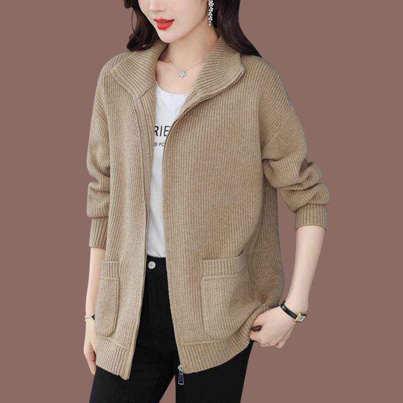 拉链羊毛针织开衫女春秋装2024新款翻领毛衣厚外套宽松外搭羊绒衫,女装/女士精品,毛针织衫,淘宝优惠券,粉丝福利购,淘宝优惠卷