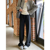 加绒加厚高腰软糯窄版 女秋冬季 休闲直筒弯刀裤 黑灰色羊毛呢阔腿裤