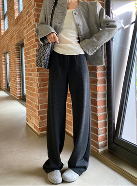 黑灰色羊毛呢阔腿裤女秋冬季加绒加厚高腰软糯窄版休闲直筒弯刀裤