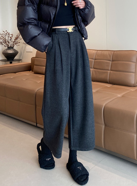 灰色八九分毛呢直筒阔腿裤女秋冬老钱风小个子宽松休闲西装羊毛裤