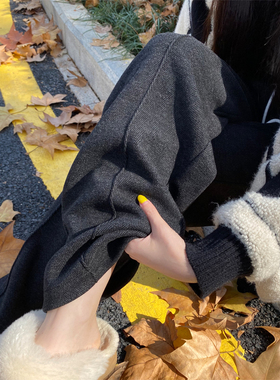 灰色羊毛呢直筒裤女秋冬高腰窄版阔腿裤休闲人字纹加绒加厚西装裤
