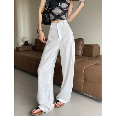 寻笙记白色天丝亚麻阔腿裤直筒裤