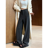 阔腿裤 女秋冬加绒高腰垂感显瘦羊毛呢西装 裤 黑灰色窄版 休闲直筒裤