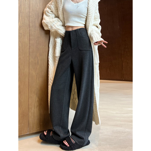 寻笙记秋冬羊毛呢加绒窄版阔腿裤