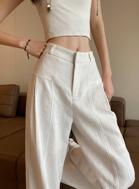 白色苎麻阔腿裤女夏季薄款高腰垂感老钱风西装直筒棉麻休闲裤子