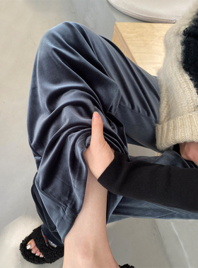 灰色金丝绒阔腿裤高腰休闲拖地直筒慵懒垂感暖暖裤子女秋冬季加绒