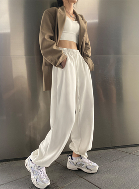 白色加绒运动裤女春秋冬抽绳束脚宽松阔腿裤子女休闲灰色哈伦卫裤