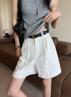 白色亚麻短裤女夏季新款小个子宽松高腰a字休闲天丝麻阔腿五分裤