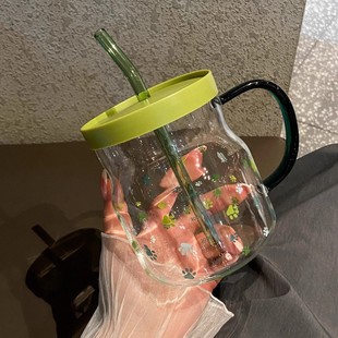 高颜值玻璃杯600ml印花带刻度杯家用喝水杯吸管杯情侣杯牛奶杯