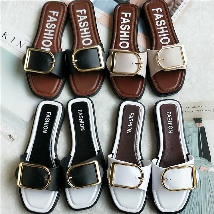 2023夏新款方扣家居女凉拖鞋室外休闲时尚一字带平跟居家pvc拖鞋