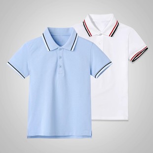 男女童白色薄款 儿童polo衫 浅蓝色条纹领短袖 T恤中小学生校服夏季
