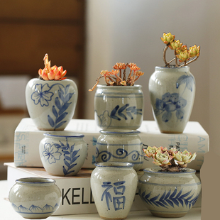 句号多肉花盆控型拇指盆创意小老桩迷你彩绘青花粗陶景德镇透气