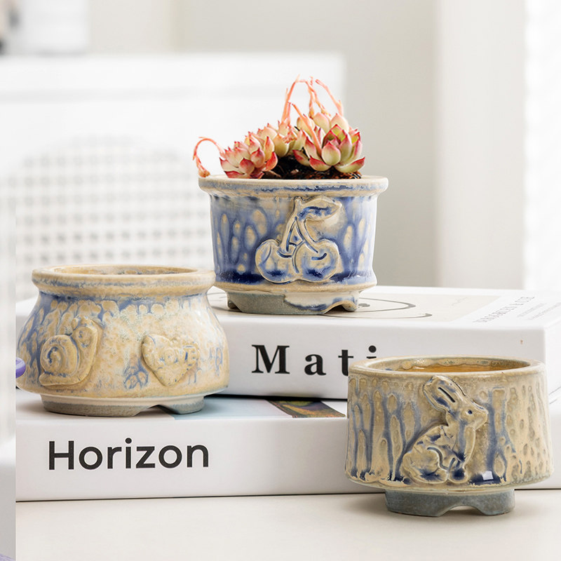 多肉花盆陶瓷浮雕兔子卡通蜗牛创意可爱窑变创意个性透气桌面装饰