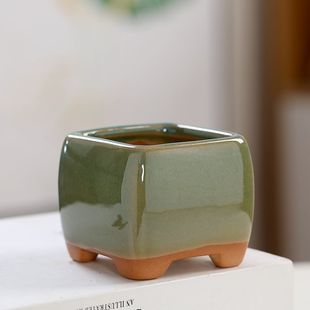 多肉花盆陶瓷兰美四方冰裂创意个性 饰 造型简约透气有孔可爱桌面装