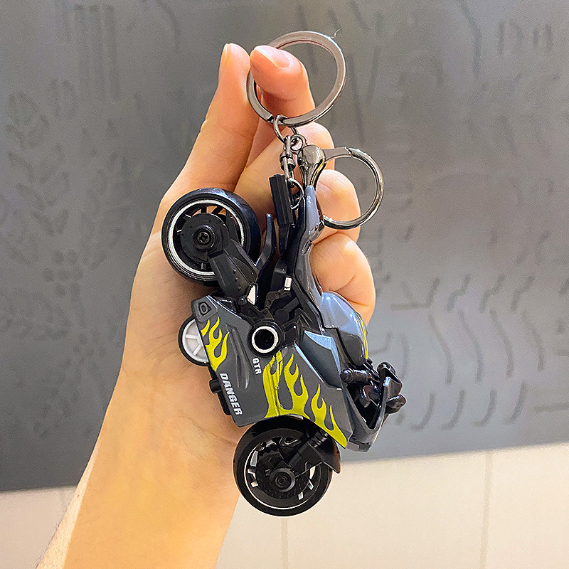 火焰回力摩托车玩具钥匙扣男孩合金机车模型挂件惯性汽车钥匙链