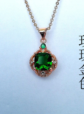 祖母绿宝石吊坠方形镶钻锆石水晶项链镀黄金锁骨链项饰品