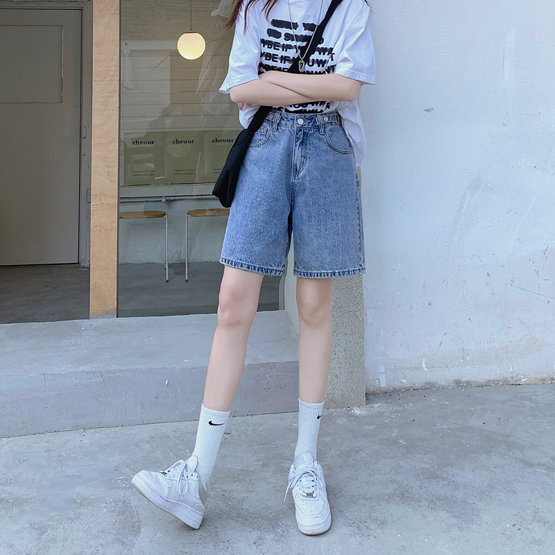 五分牛仔短裤女夏季小个子大码高腰显瘦直筒宽松阔腿5分中裤春款