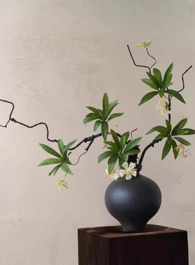侘寂风中式黑色陶瓷花瓶摆件枯藤仿真花客厅玄关酒店餐桌民宿装饰