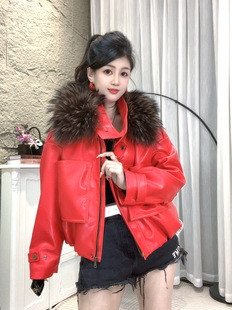 高端大毛领加厚绒皮衣红色美洲貉保暖时尚皮毛一体皮草外套