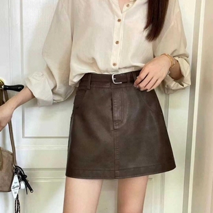 偶数零2024秋季新款韩版时尚高腰显瘦百搭皮裙女A字包臀半身短裙