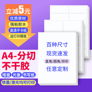 鸿诺a4不干胶标签纸打印哑面亮光空白书写纸喷墨激光贴纸带背胶手写铜版 内分切割2格100张可定制 纸整版