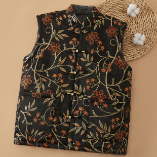 女士秋冬新中式织锦缎棉花马甲加厚对襟盘扣国风马夹民族高端坎肩