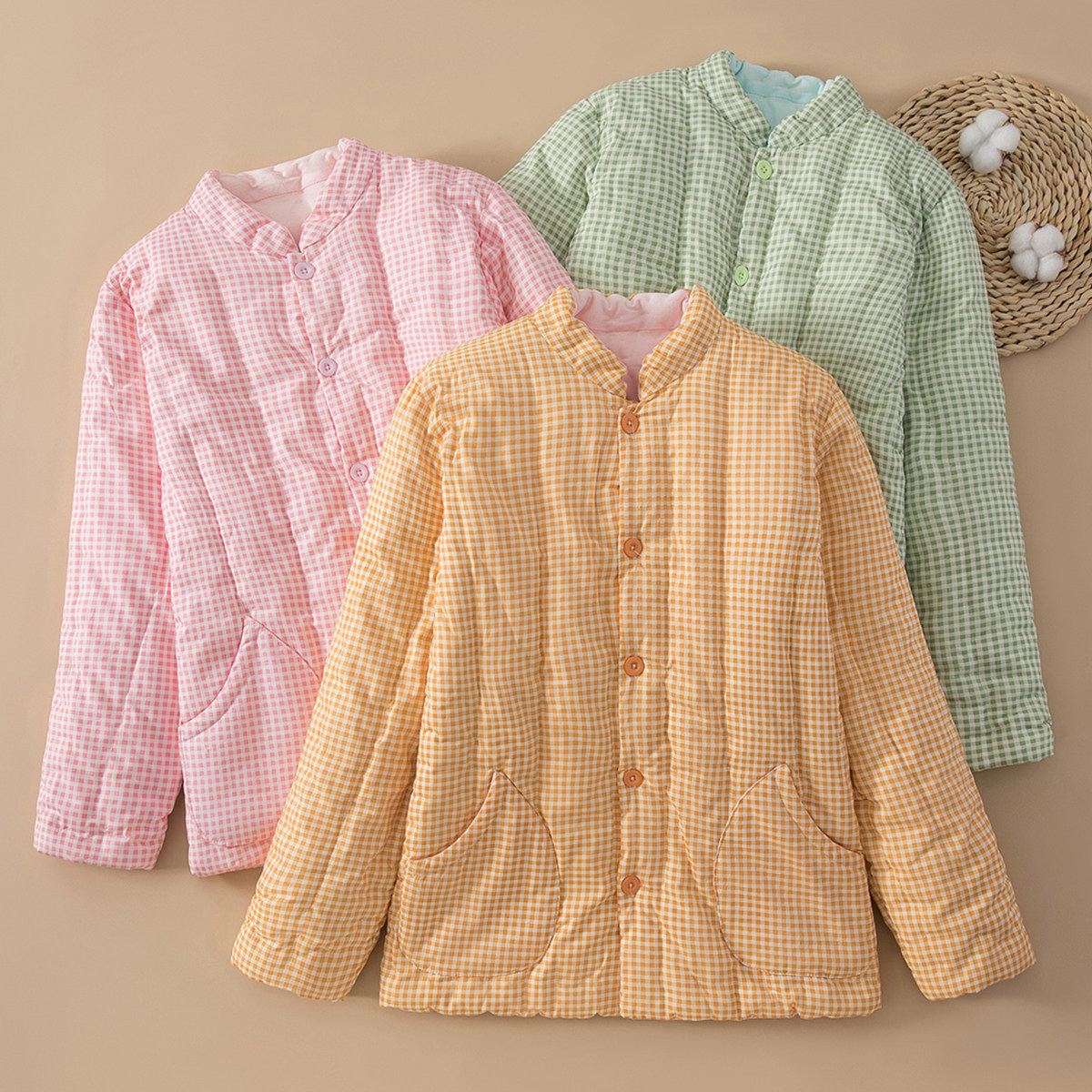 手工纯棉花女士格子棉袄成人大人加厚保暖棉衣服居家外穿冬季外套