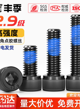 12.9级杯头内六角黑色点胶圆柱头防松防滑防震涂蓝胶螺钉M1.4-M12