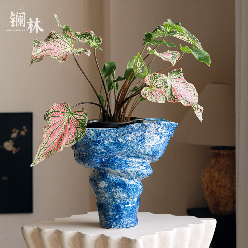 蓝色大口径花瓶中式侘寂摆件客厅插花创意水培花瓶民宿酒店碧海螺