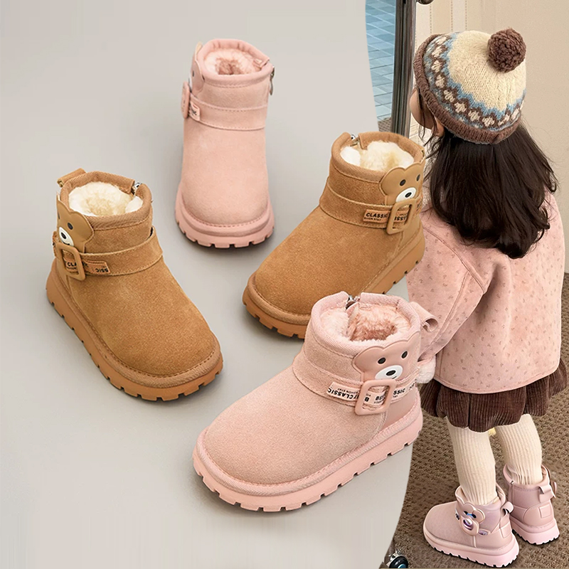 女童秋冬小熊加绒防滑新款棉靴