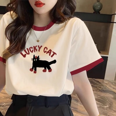 欧货撞色正肩纯棉短袖T恤女