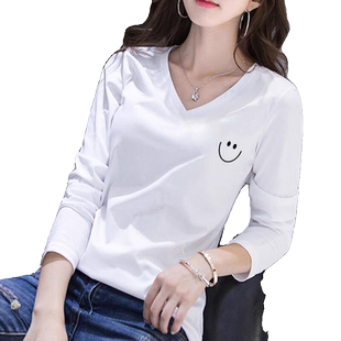 欧货白色长袖V领t恤衫女士2025秋装新款宽松内搭打底衫纯棉上衣服